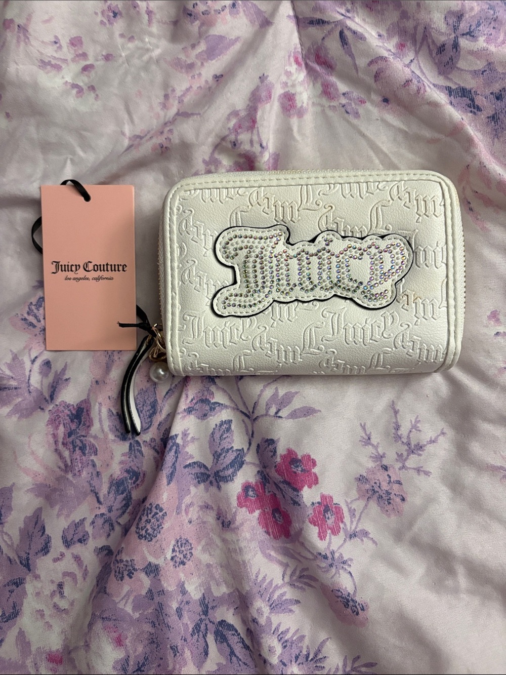 Juicy Couture White Embossed Zip Wallet with Crystal Script Patch